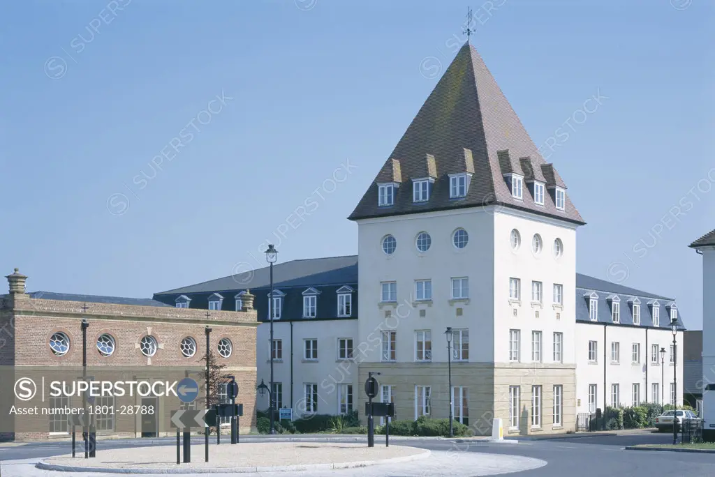 PRIVATE HOUSES, POUNDBURY, DORSET, UNITED KINGDOM, APARTMENT BUILDING AT ENTRANCE TO AREA, VARIOUS ARCHITECTS