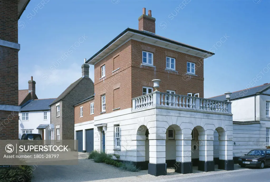 PRIVATE HOUSES, POUNDBURY, DORSET, UNITED KINGDOM, TOWN HOUSE OFF MAIN SQUARE, VARIOUS ARCHITECTS