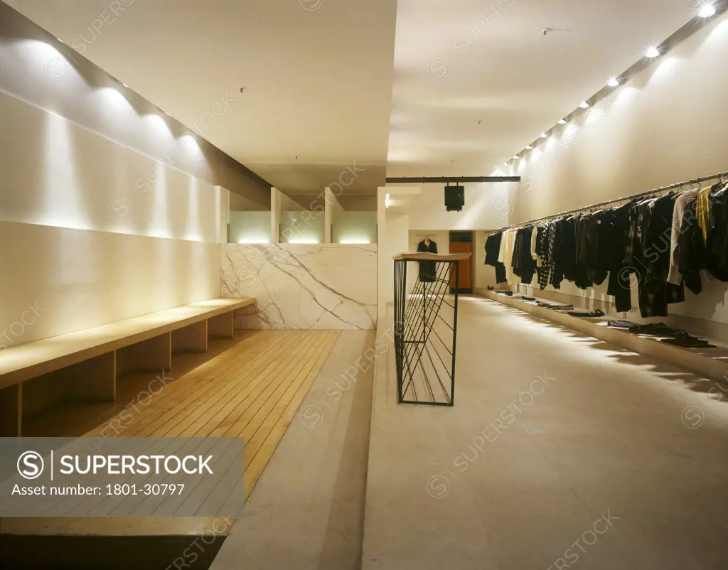 Issey miyake lower level with wooden floor & marble effect wall., Issey Miyake, Sloane Street, London, SW1 Victoria, United Kingdom, David Chipperfield