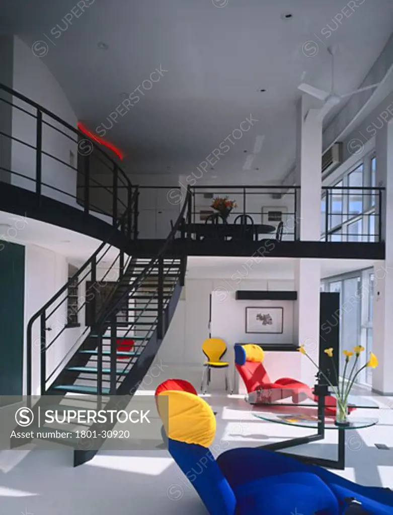 Private flat living room looking up stairs to table and chairs on first floor., Private Flat, Islington, London, N1 Islington, United Kingdom, Celia Scott
