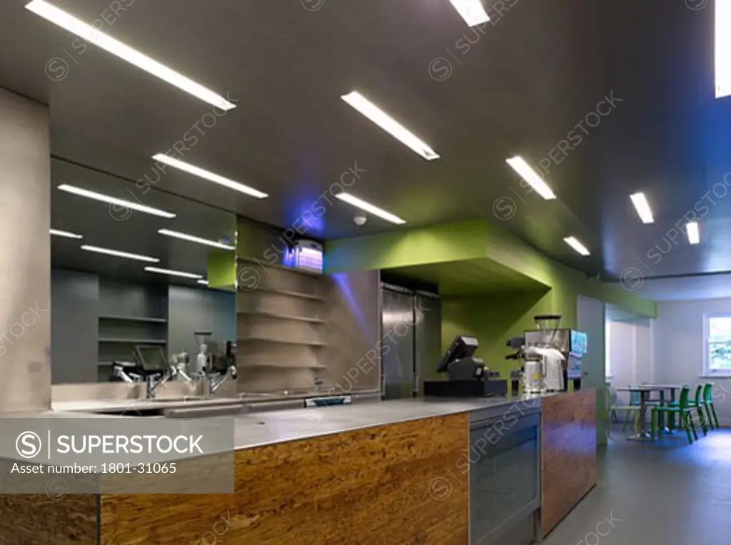 Fitness cafe servery and kitchen., Fitness Cafe, 97 Boundary Road, London, NW8 St John's Wood, United Kingdom, DMD Architects