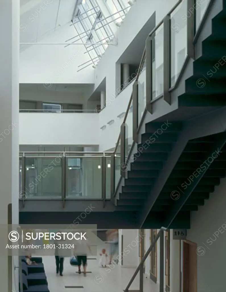 Runnymede CIVIC centre main stair landing to ground floor., Runnymede CIVIC Centre, Station Road, Addlestone, Surrey, United Kingdom, Feilden Clegg Architects