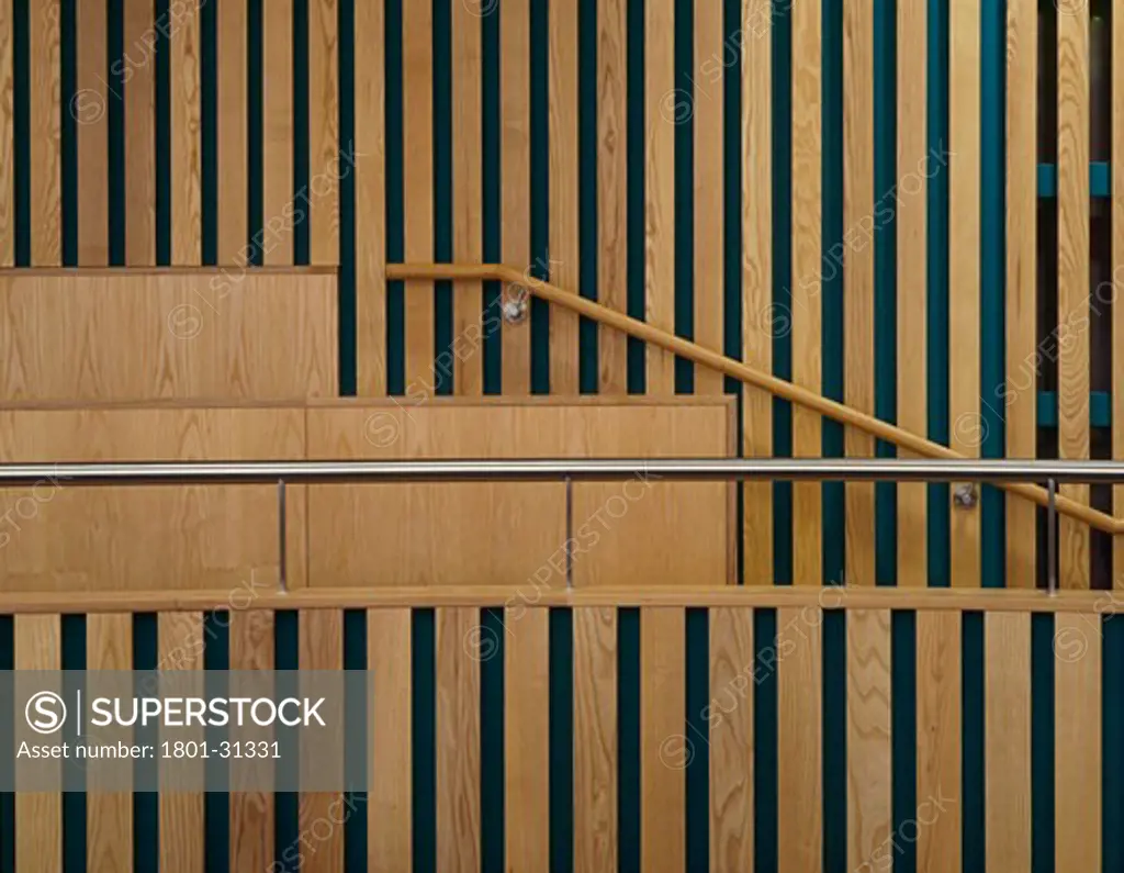 Runnymede CIVIC centre timber detail with steel hand in council chamber., Runnymede CIVIC Centre, Station Road, Addlestone, Surrey, United Kingdom, Feilden Clegg Architects