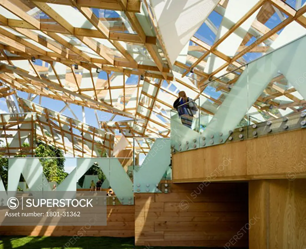 Serpentine gallery pavilion 2008 exterior view from south face of roof and viewing platform., Serpentine Gallery Pavilion 2008, Kensington Gardens, London, W2 Paddington, United Kingdom, Frank Gehry