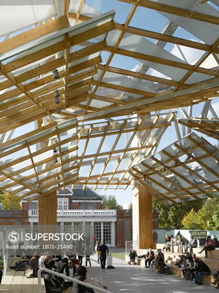 Serpentine gallery pavilion 2008 interior view through to gallery., Serpentine Gallery Pavilion 2008, Kensington Gardens, London, W2 Paddington, United Kingdom, Frank Gehry