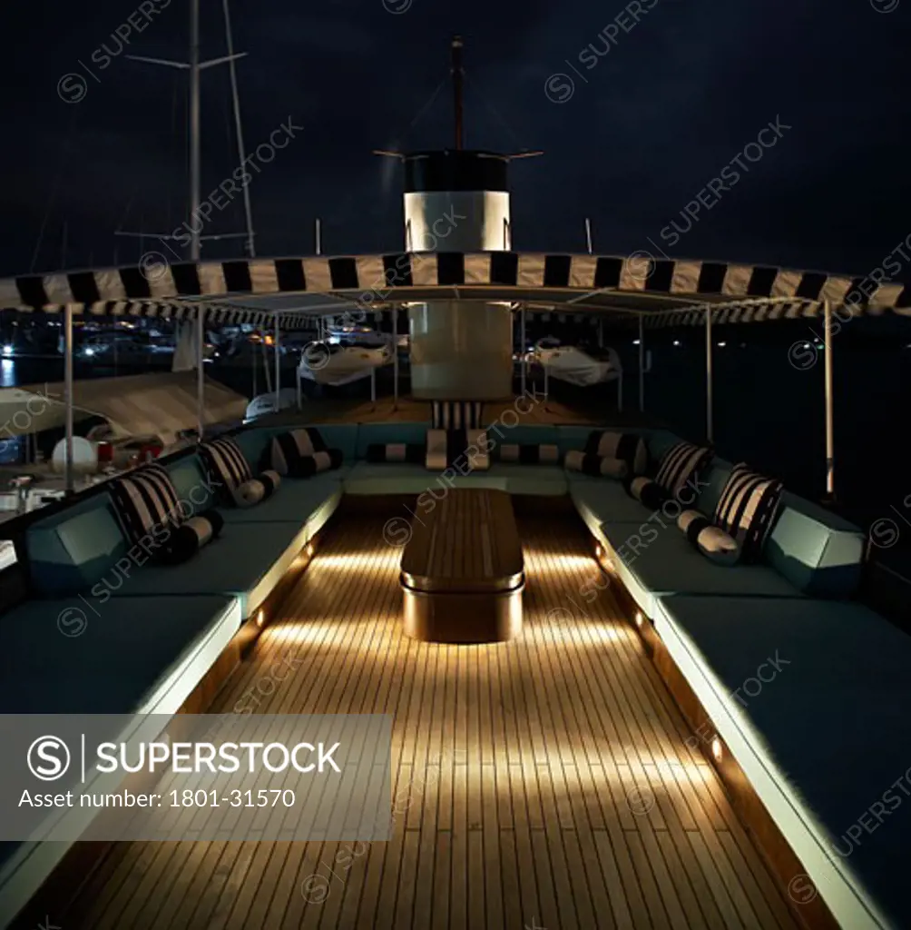 Maid marian 2 late night view of sun lounge area on top deck., Maid Marian, Phuket, Changwat, Thailand, Flux Interiors