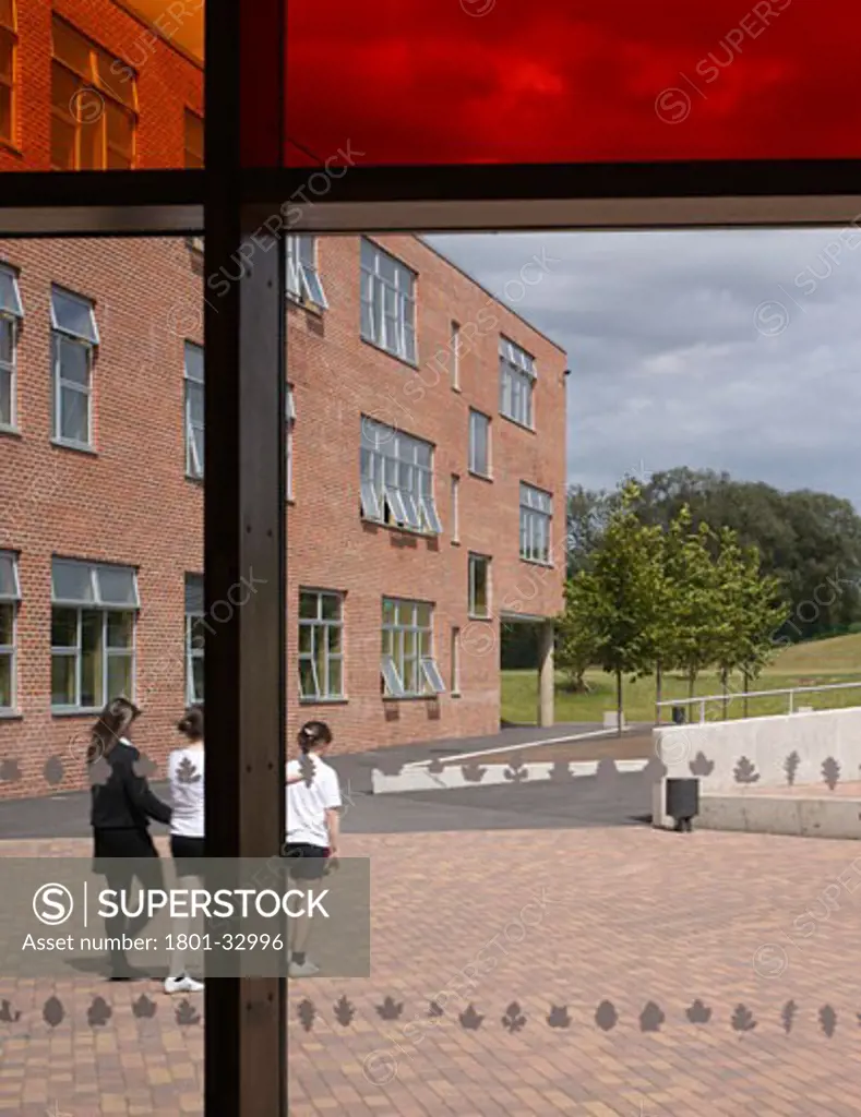 New minster school courtyard view with coloured glass., New Minster School, Southwell, Nottinghamshire, United Kingdom, Penoyre and Prasad