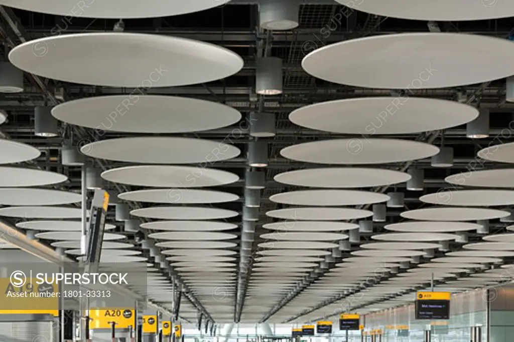 Terminal 5 heathrow airport ceiling baffles., Terminal 5 Heathrow Airport, Bath Road, Hayes, Middlesex, United Kingdom, Rogers Stirk Harbour + Partners