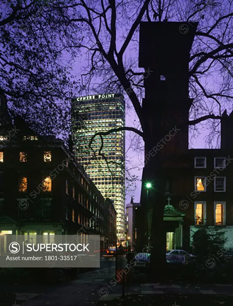 Centre point full length exterior at night., Centre Point, Oxford Street, London, W1 Oxford Street, United Kingdom, Richard Seifert