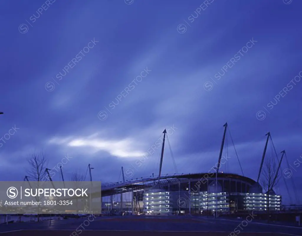 CITY OF MANCHESTER STADIUM, MANCHESTER, UNITED KINGDOM, GENERAL VIEW FROM EAST - DUSK, ARUP ASSOCIATES