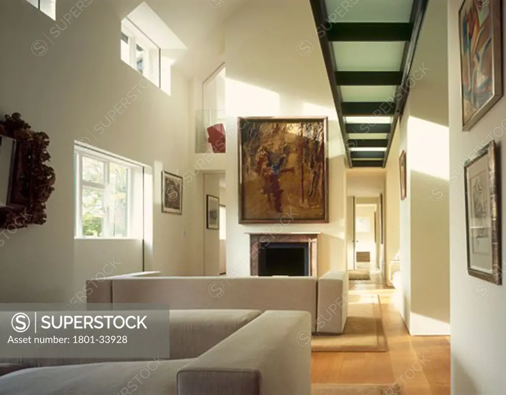Homestead house living room with glass bridge., Homestead House, Aylesbury, Buckinghamshire, United Kingdom, Timothy Hatton Architects
