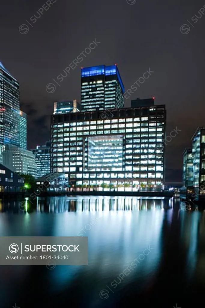 Canary wharf west dock office block and reflections by canary wharf., Canary Wharf, London, E14 Poplar, United Kingdom, Architect Unknown