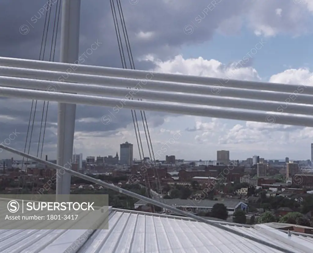 CITY OF MANCHESTER STADIUM, MANCHESTER, UNITED KINGDOM, CABLES, MAST AND CITY SKYLINE FROM ROOF, ARUP ASSOCIATES