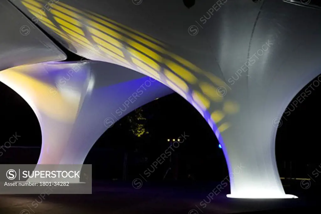 Lilas pavilion - serpentine gallery exterior at night., Lilas Pavilion - Serpentine Gallery, Kensington Gardens, London, W2 Paddington, United Kingdom, Zaha Hadid
