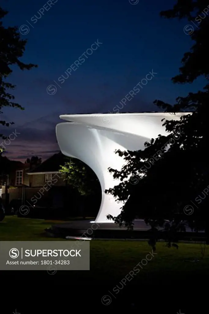 Lilas pavilion - serpentine gallery exterior at night., Lilas Pavilion - Serpentine Gallery, Kensington Gardens, London, W2 Paddington, United Kingdom, Zaha Hadid