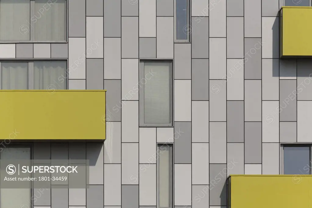 Barking Learning Centre and Apartments, London, United Kingdom, Ahmm Allford Hall Monaghan Morris Llp, Barking central learning centre and apartments yellow balconies on grey and white elevation.