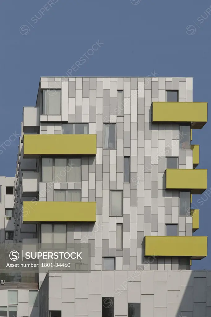 Barking Learning Centre and Apartments, London, United Kingdom, Ahmm Allford Hall Monaghan Morris Llp, Barking central learning centre and apartments yellow and white balconies on grey and white elevation.