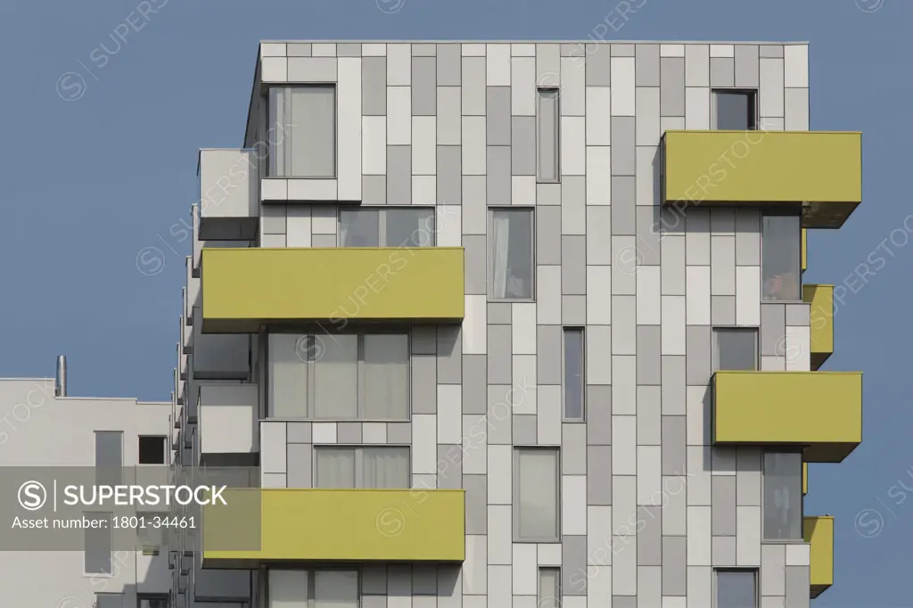 Barking Learning Centre and Apartments, London, United Kingdom, Ahmm Allford Hall Monaghan Morris Llp, Barking central learning centre and apartments yellow and white balconies on grey and white elevation.