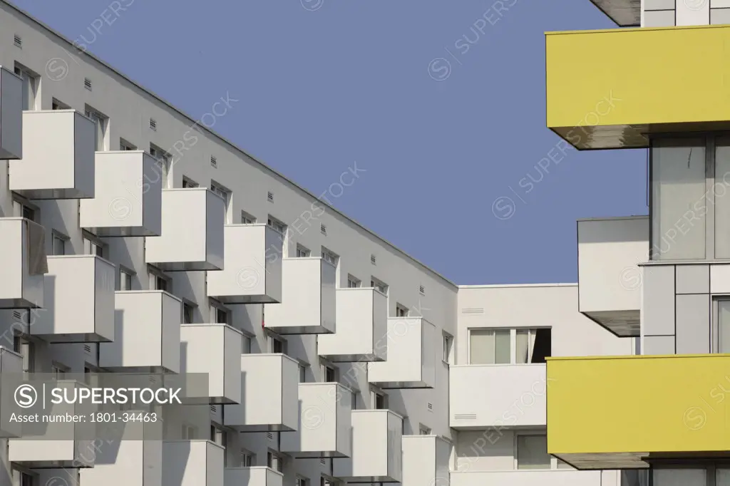 Barking Learning Centre and Apartments, London, United Kingdom, Ahmm Allford Hall Monaghan Morris Llp, Barking central learning centre and apartments yellow and white balconies.