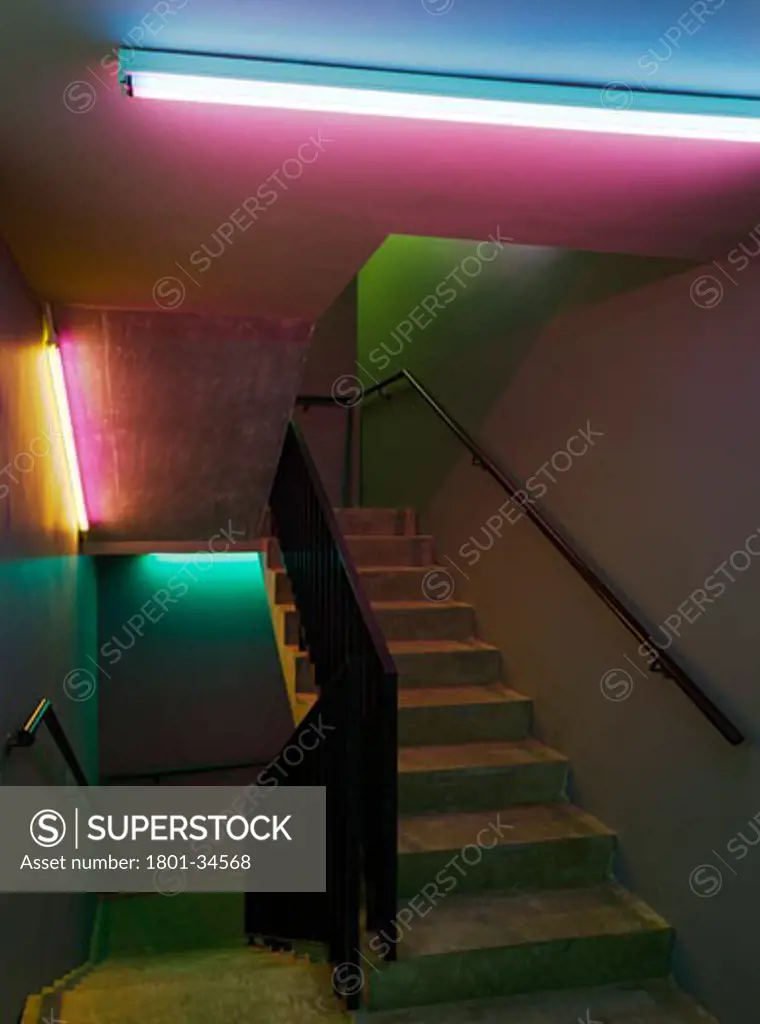 The Quarterhouse, Folkestone, United Kingdom, Alison Brooks Architects Ltd, The quarterhouse stairwell with coloured lights.