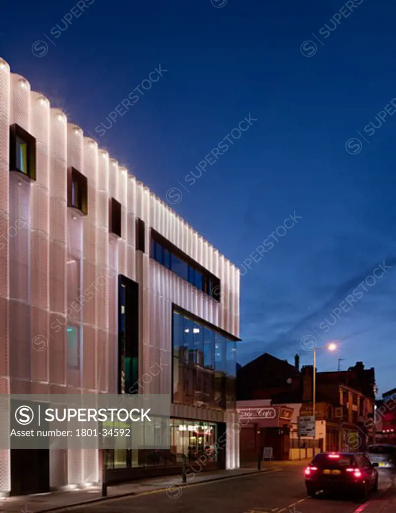 The Quarterhouse, Folkestone, United Kingdom, Alison Brooks Architects Ltd, The quarterhouse folkestone alison brooks architects dusk with lights.