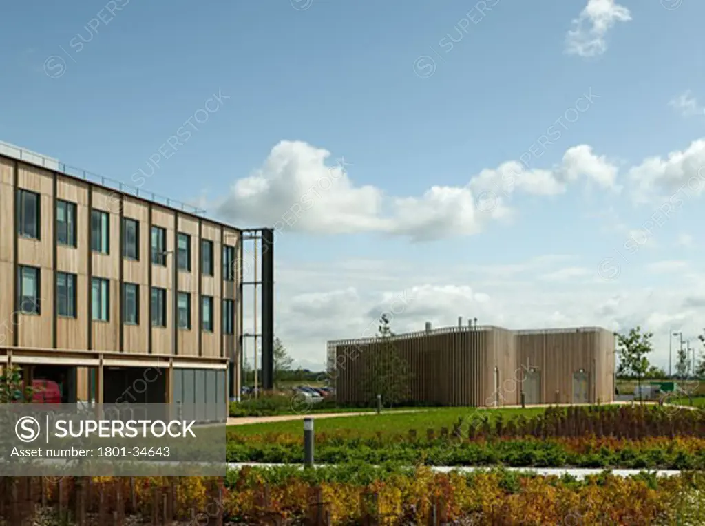 Ericsson Ansty Park Offices, Coventry, United Kingdom, Allies and Morrison, Ericsson ansty park office buildings coventry allies and morrison facade perspective with power plant.