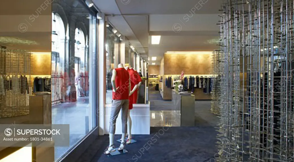 Stella McCartney Store, Paris, France, Angus Pond Architects, Stella McCartney store interior of store window with mannequins.