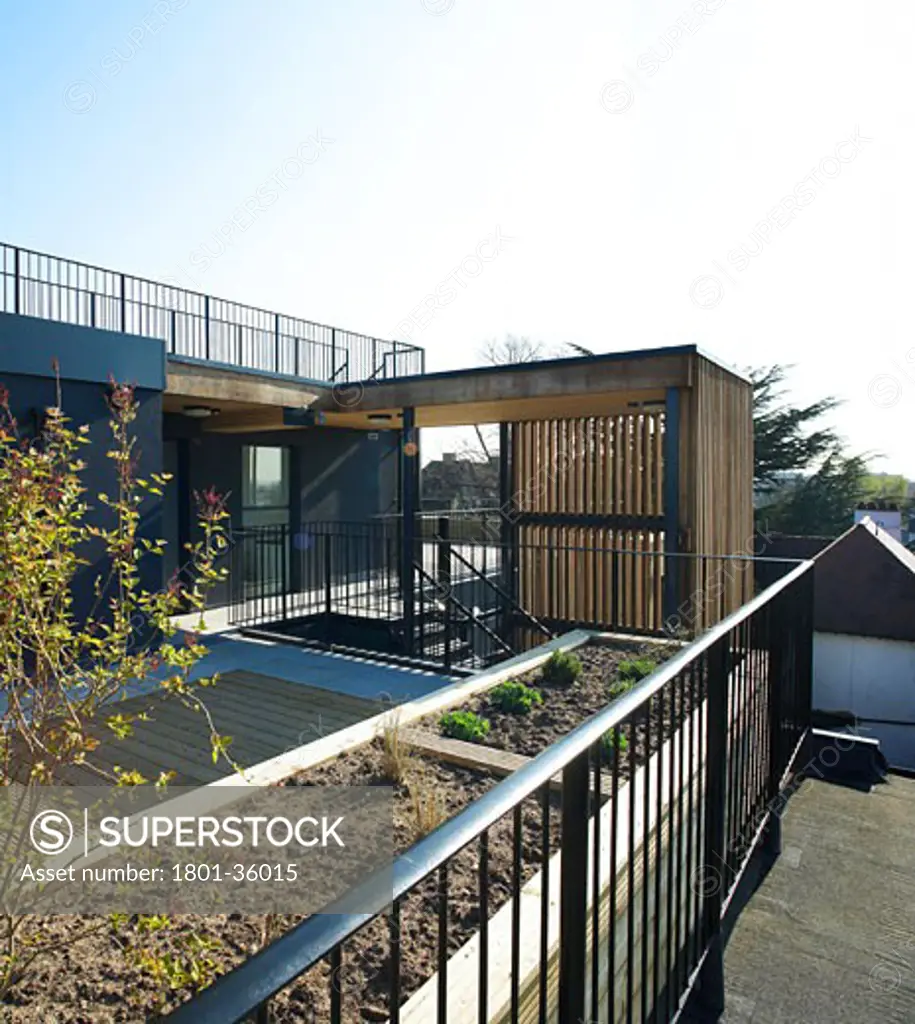 Pocket TW4 Affordable Housing Hounslow, London, United Kingdom, Burrell Foley Fischer, Pocket TW4 affordable housing view of roof with raised flowerbeds.