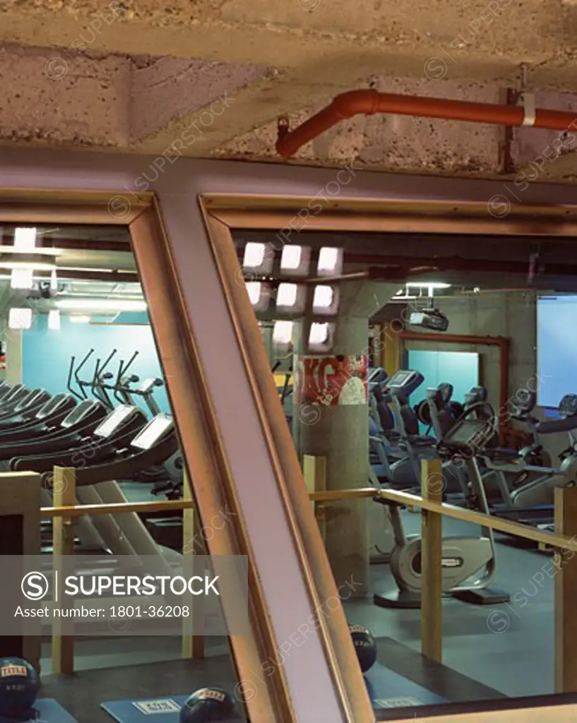 Gymbox Healthclub, London, United Kingdom, Ben Kelly Design, Gymbox healthclub view put of studio 01 to gym floor.