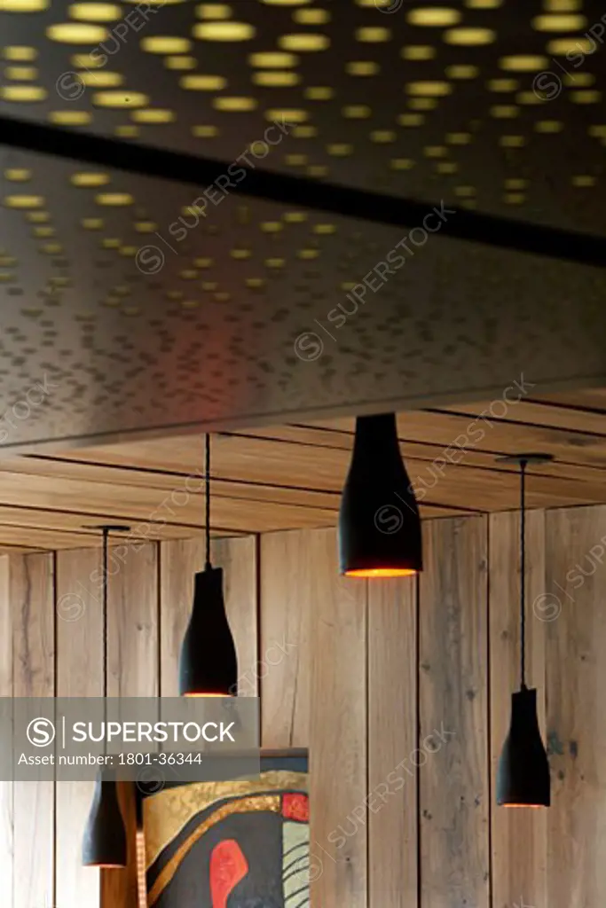 Nando's Restaurant Beckenham, Beckenham, United Kingdom, Buckley Gray Yeoman, Nando's restaurant beckenham close up of ceiling with pendant lighting and wooden wall.