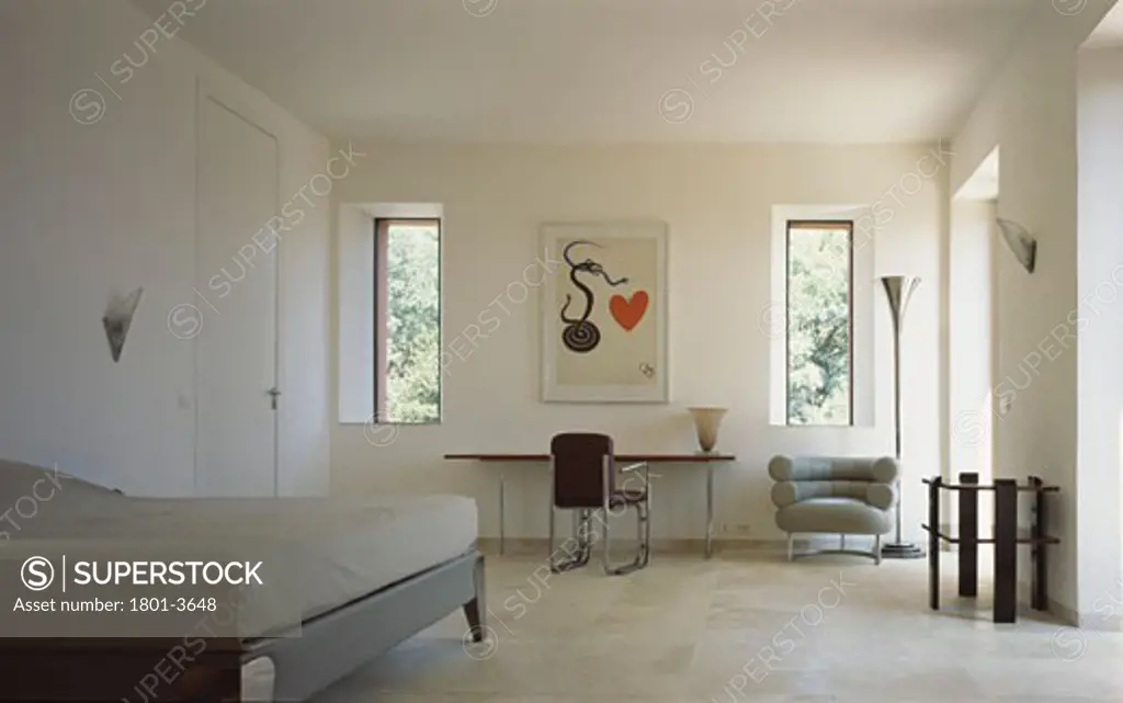 PRIVATE HOUSE, COTE DAZUR, FRANCE, BEDROOM WITH EILEEN GRAY FURNITURE AND CALDER PRINT, PATRICIA MIYAMOTO
