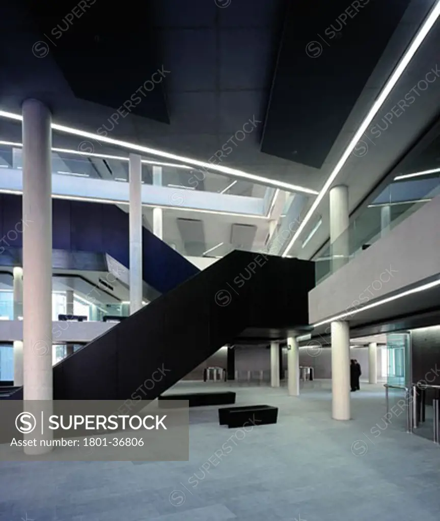 City of Justice, Barcelona, Spain, David Chipperfield, General interior view of atrium showing floor to celing perspective and colums.