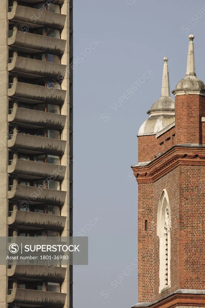 Barbican Estate 1982, London, United Kingdom, Chamberlin Powell and Bon, Tower of st giles cripplegate with concrete balconies of barbican centre tower block (seen from london wall).