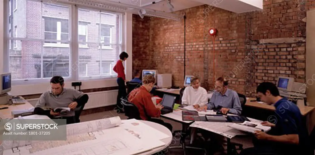 Degw Plc Offices, London, United Kingdom, Degw, Degw plc offices office interior red brick wall and computer terminals.