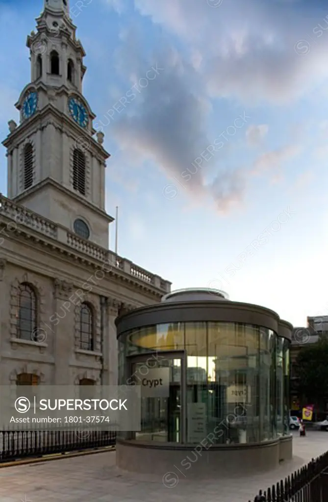 St Martins-in-the-fields, London, United Kingdom, Eric Parry, Church spire with glass entrance to the crypt.