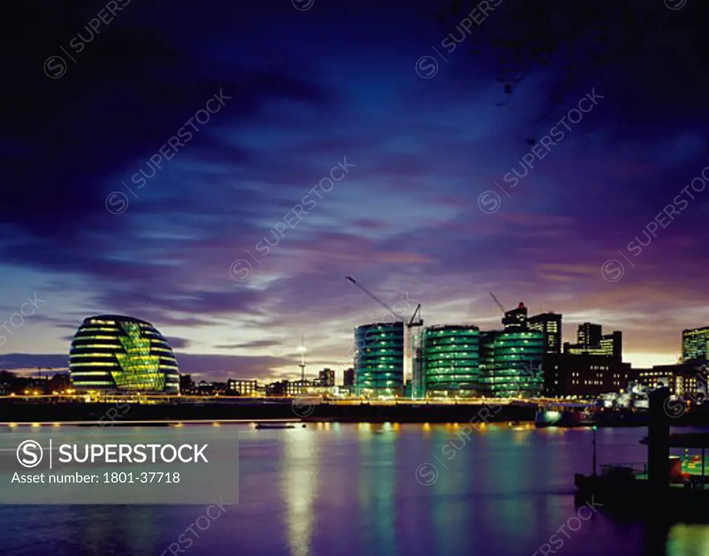 City Hall, London, United Kingdom, Foster and Partners, City hall gla building view across thames at night.