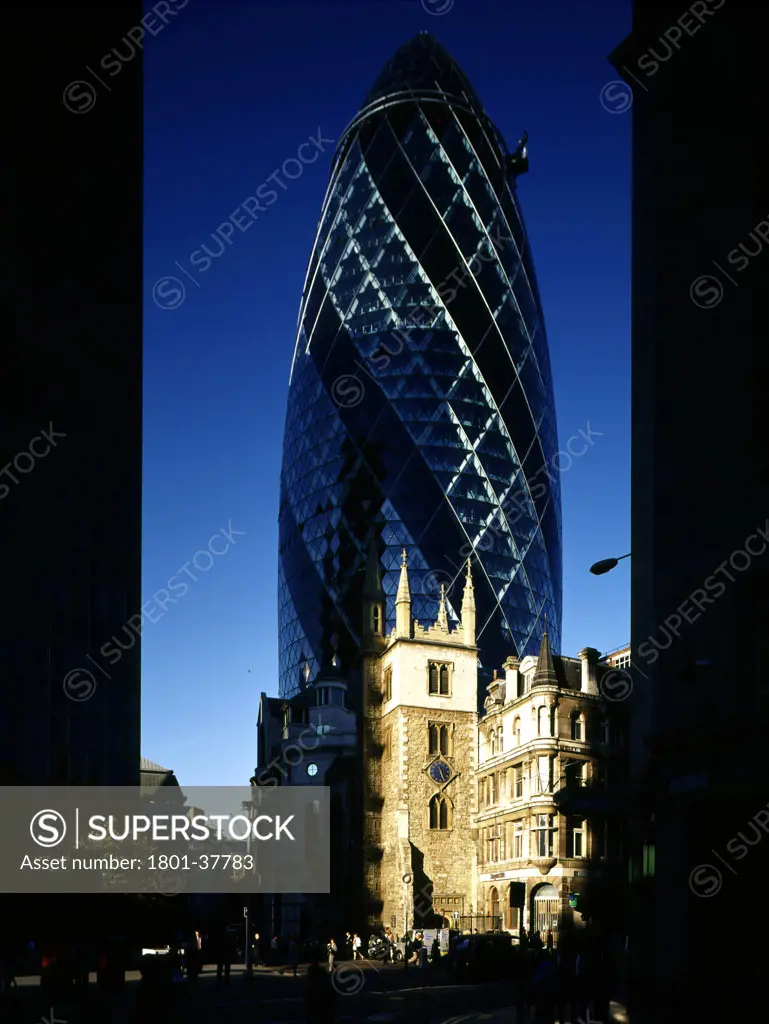 30 St Marys Axe, London, United Kingdom, Foster and Partners, Swiss re tower st mary axe gherkin swiss re with church.