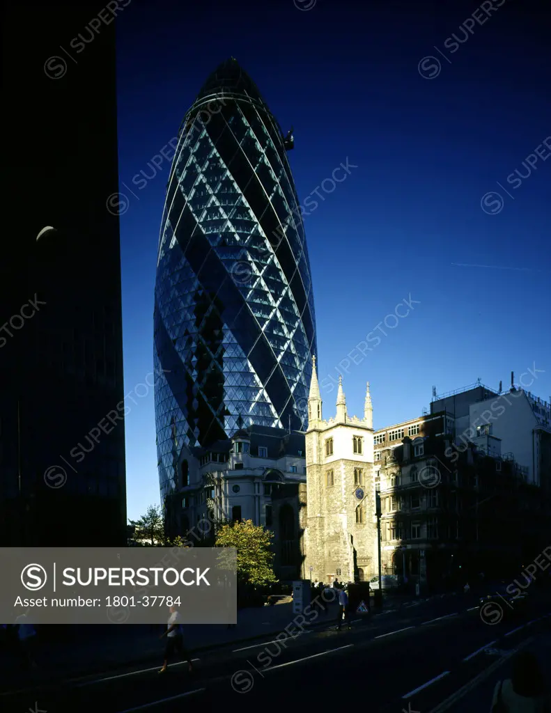 30 St Marys Axe, London, United Kingdom, Foster and Partners, Swiss re tower st mary axe gherkin swiss re evening.