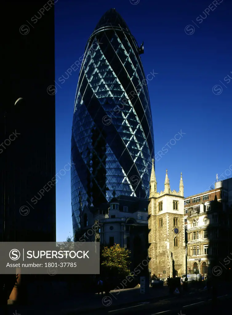 30 St Marys Axe, London, United Kingdom, Foster and Partners, Swiss re tower st mary axe gherkin swiss re evening.