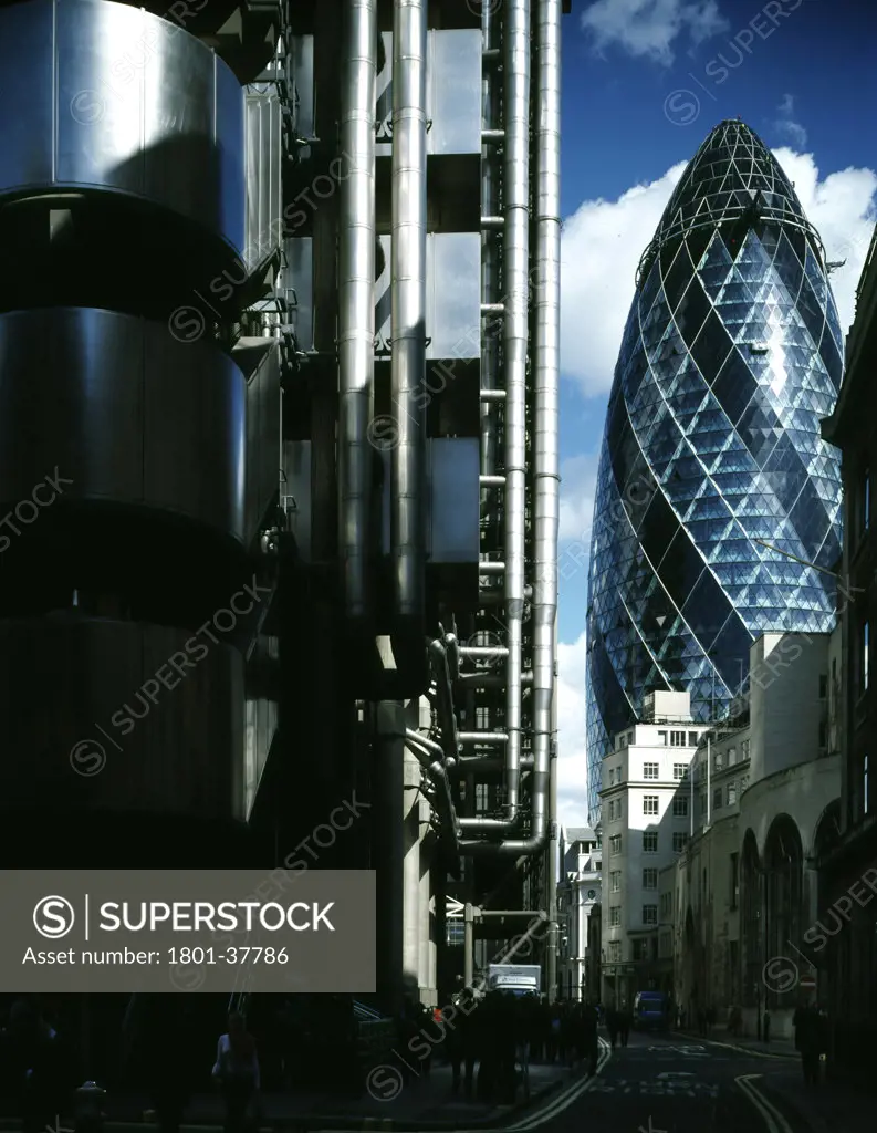30 St Marys Axe, London, United Kingdom, Foster and Partners, Swiss re tower st mary axe gherkin swiss re and the lloyds building.