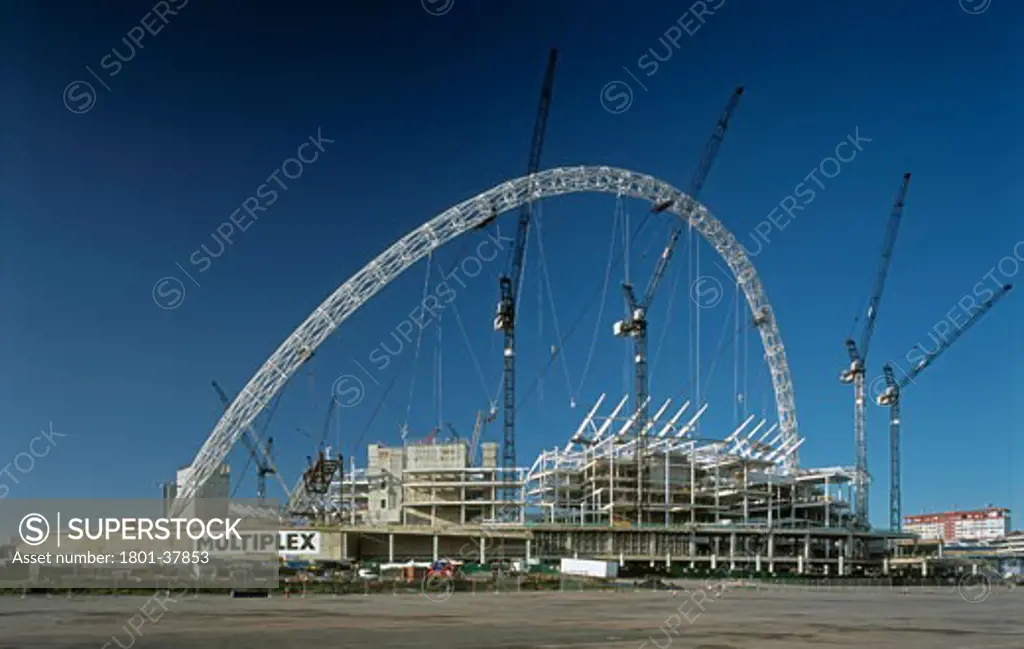 Wembley Stadium, London, United Kingdom, Foster and Partners / Hok Sports Venue Event, Wembley stadium view from east showing steel arch.