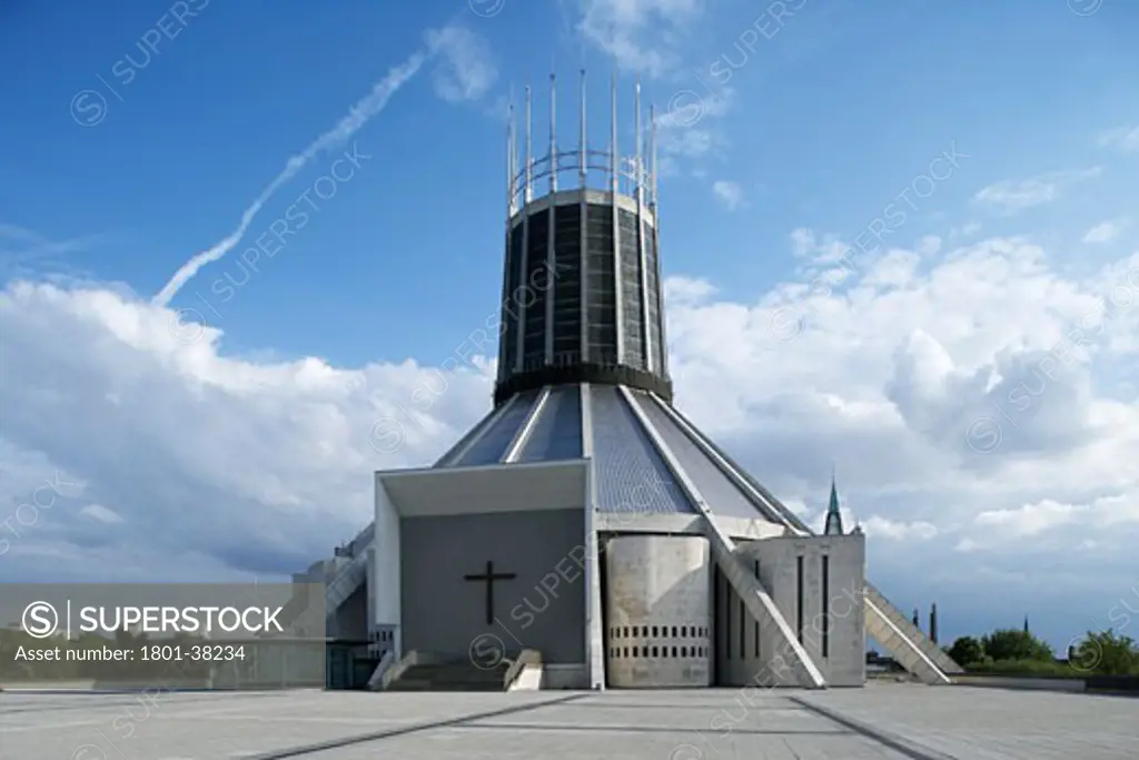 Metropolitan Catholic Cathedral, Liverpool, United Kingdom, Frederick Gibberd Partnership, Metropolitan catholic cathedral liverpool general exterior shot showing the main entrance.