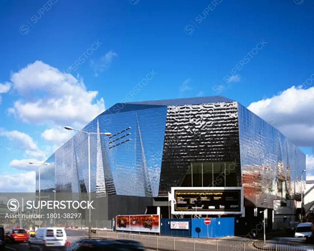 Highcross Leicester, Leicester, United Kingdom, Foreign Office Architects, Highcross leicester shopping centre / john lewis wide view of the cineplex - non conventional volume clad in stainless steel shingles.
