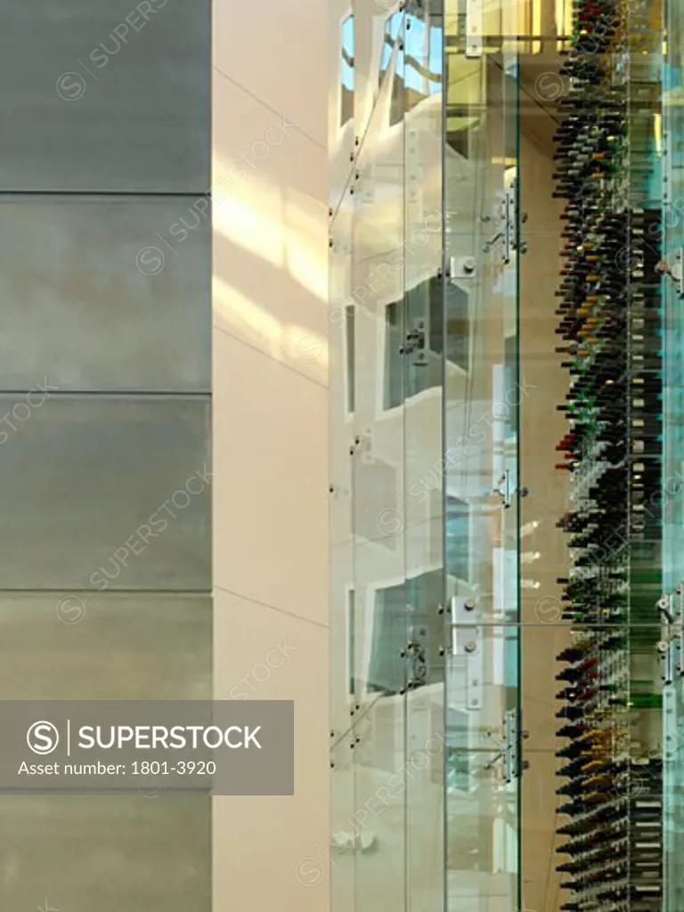 RADISSON SAS, STANSTED AIRPORT, STANSTED, ESSEX, UNITED KINGDOM, DETAIL OF RECEPTION WALL AND WINE TOWER, AUKETT FITZROY ROBINSON