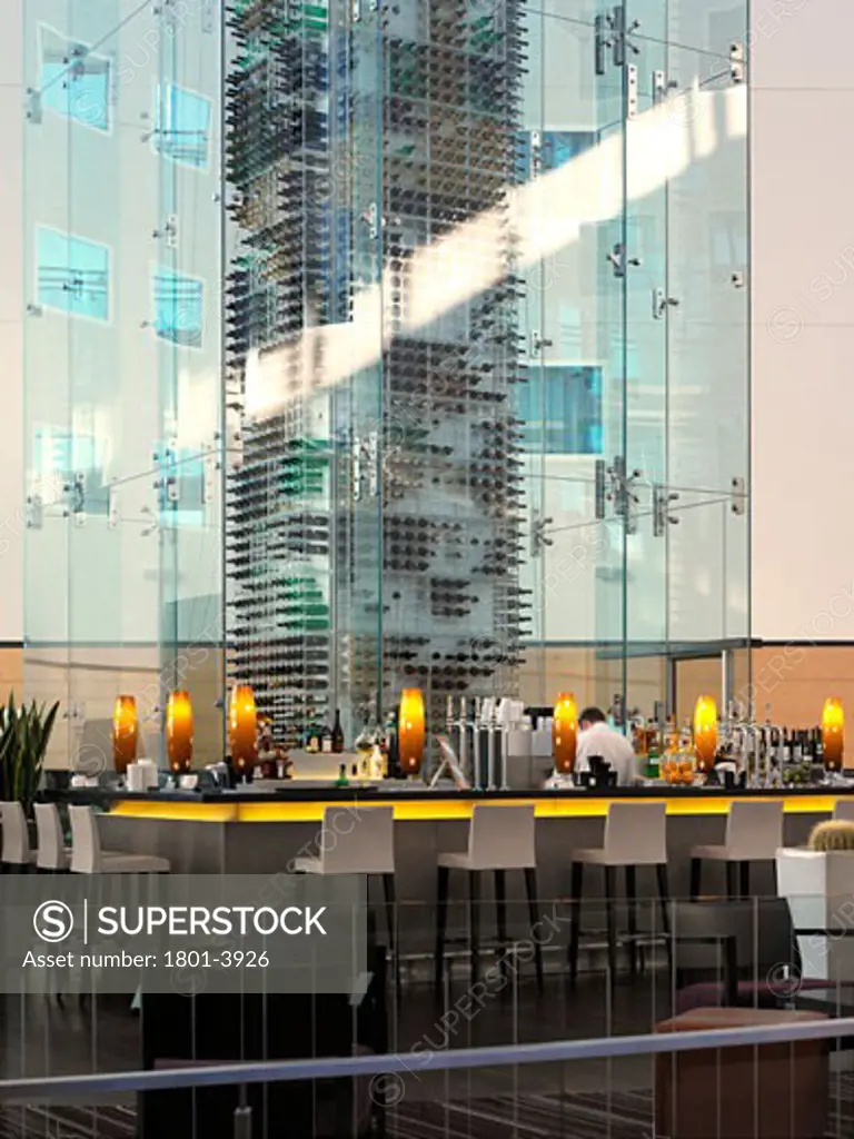 RADISSON SAS, STANSTED AIRPORT, STANSTED, ESSEX, UNITED KINGDOM, BAR WITH WINE TOWER AND SUNSHINE, AUKETT FITZROY ROBINSON
