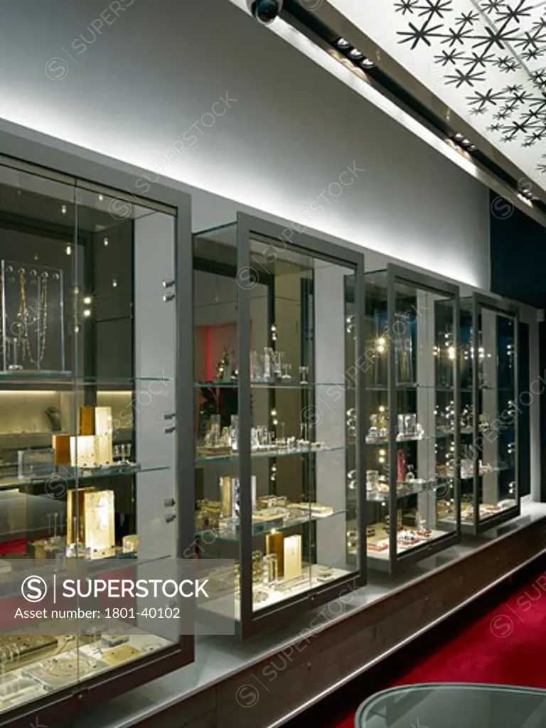Dinny Hall - Westfield, London, United Kingdom, Four IV Design, Dinny hall westfield - four IV design view looking down wall display cabinets with jewelry displayed inside.