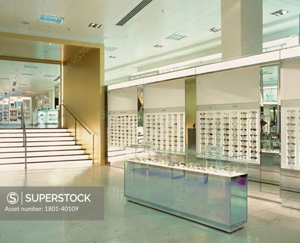 Harvey Nichols, Manchester, United Kingdom, Four IV Design, Harvey nichols ground floor showing sunglasses area & illuminated steps.