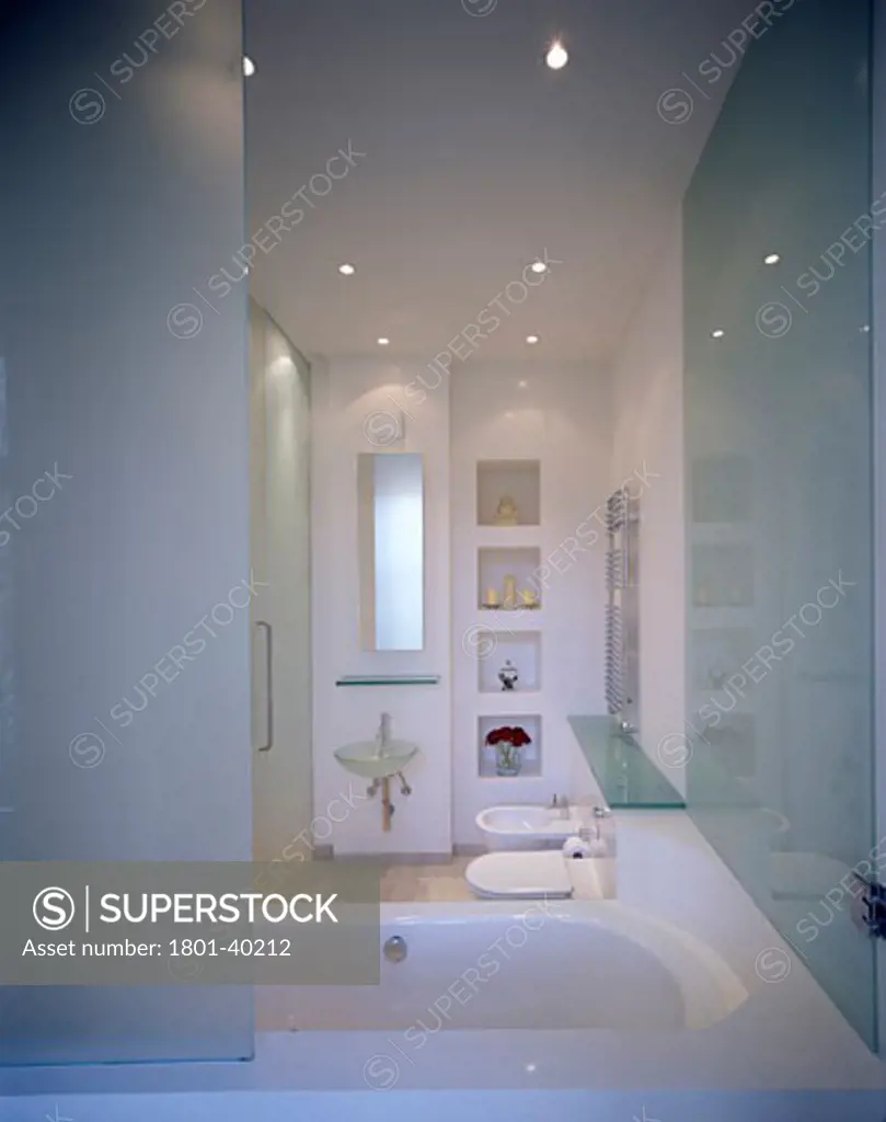 Private Flat, London, United Kingdom, John Kerr Associates, Private flat portrait view looking over bath into bathroom.