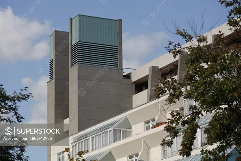 Brunswick Centre, London, United Kingdom, Levitt Bernstein/ Patrick Hodgkinson (1968-72), Brunswick centre towers on west facade.