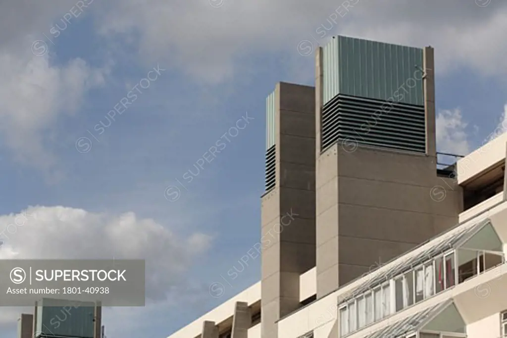 Brunswick Centre, London, United Kingdom, Levitt Bernstein/ Patrick Hodgkinson (1968-72), Brunswick centre towers on west facade.